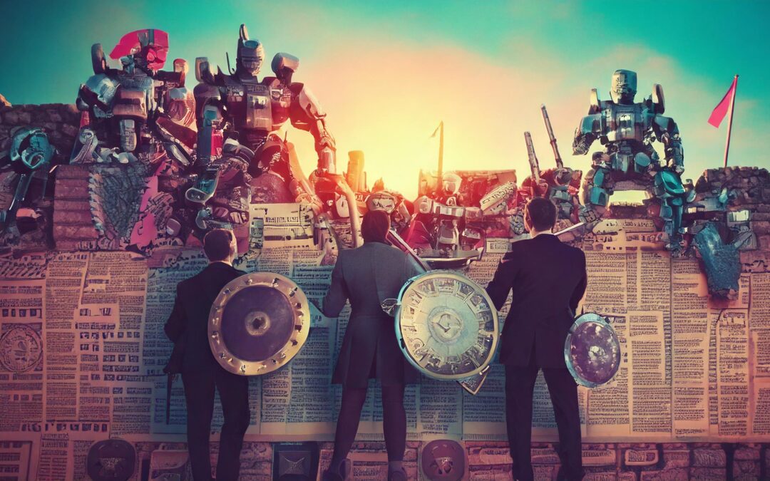 human newspaper editors stand on a castle wall, under siege by an army of robots